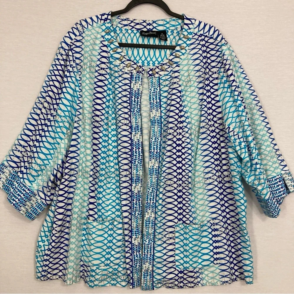 Maggie Barnes Blue Geometric Linen Blend Embellished Pocket Light Jacket‎ 3X